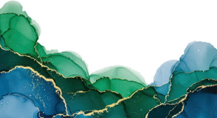 An elegant abstract background with delicate emerald green and sapphire blue alcohol ink textures blending, featuring shimmering golden glitter and bright white copy space, luxurious modern design