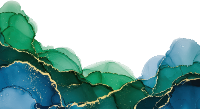 An elegant abstract background with delicate emerald green and sapphire blue alcohol ink textures blending, featuring shimmering golden glitter and bright white copy space, luxurious modern design