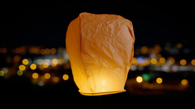 A single glowing paper lantern flying at night with blurred city lights