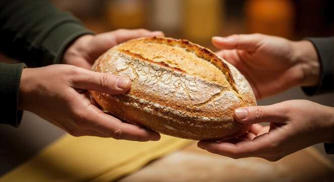 Hands Passing Bread Loaf in a Cozy Setting for Food Blogs, Culinary Websites, Cooking Articles, Social Media Posts, and Community Sharing Content