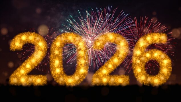Golden year twenty twenty six with fireworks display against a dark bokeh background scene