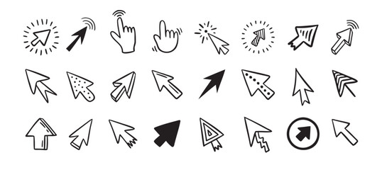 Cursor doodle icon set. Click cursor hand drawn set. Isolated mouse cursor 