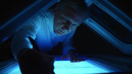 Medium shot of a technician inspecting waterless printing plates in a commercial setting showcasing precision and advanced technology in wasteminimizing print processes.