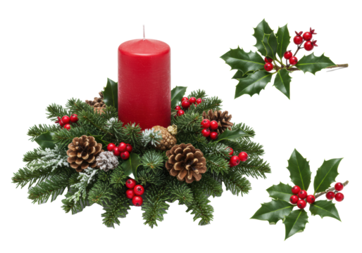 Traditional Christmas wreath, red pillar candle centerpiece with fir, glossy holly leaves, bright red berries, rustic pinecones, and snow, isolated on transparent, still life holiday cheer concept