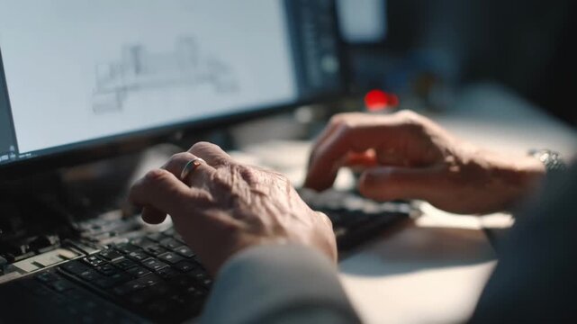 Medium shot of hands setting up a design for windowed envelopes on a computer focusing on precise alignment for printed address windows