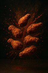 Crispy Spicy Fried Chicken Wings in Mid-Air with Seasoning Explosion