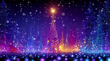 Christmas tree loopable animation in pointillism style glowing particles and falling snowflakes in a magical purple forest for festive xmas video projects - Powered by Adobe