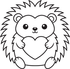 Fototapeta premium Cute cartoon hedgehog outline holding a heart, perfect for kids coloring books and valentine's day designs, vector illustration.