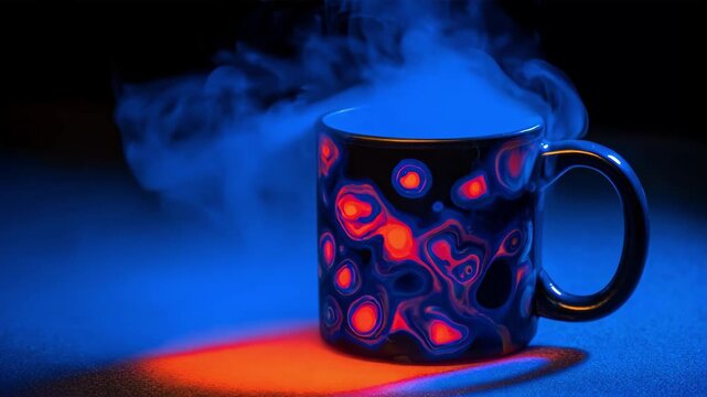 Medium shot of a steaming mug revealing vibrant thermochromatic color patterns as heat activates the ink highlighting a creative temperaturesensitive design.