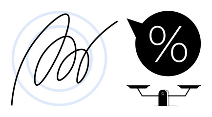 Abstract signature with circular backdrop, percentage in speech bubble, balanced scale icon. Ideal for ethics, business decisions, financial integrity, valuation, justice concepts, communication