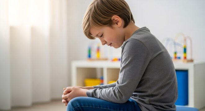 Little boy sitting and looking down thoughtfully in a calming room, concept of childhood development and neurodiversity in children