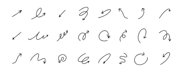 Doodle spiral arrows set. Hand drawn arrows. Design quirky twist line, curve wave arrow. 