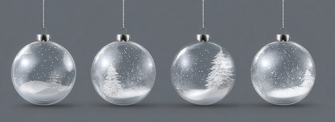 Four clear Christmas ornaments with snow and trees inside, hanging against a gray background.