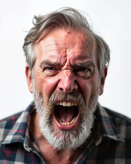 Older man with grey hair and beard, furrowed brow, and open mouth, exuding anger and frustration with a fierce facial expression.