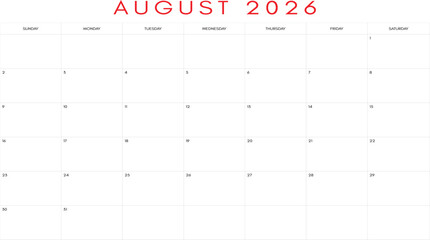 Clean august 2026 calendar grid, August 2026 Calendar Design - Back to School & Summer End