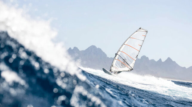 Windsurfer actively launching over a breaking ocean wave, personifying freedom, action, and the thrill of extreme watersports