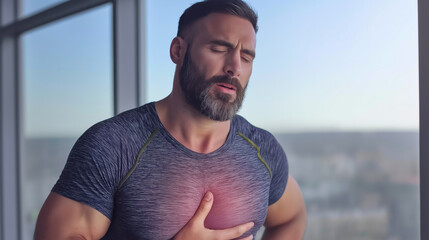 Man experiencing acute chest pain with hand on his chest, showing discomfort and struggling to breathe after a demanding exercise session