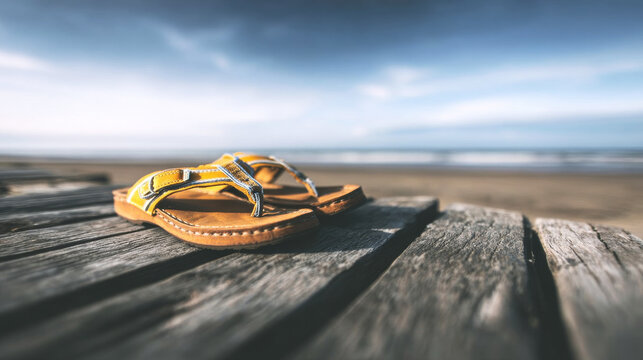 Sandals left on wooden planks, facing the peaceful ocean with a calm sky, representing freedom and summer travel