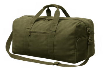 Green canvas duffel bag for travel, gym, and outdoor adventures, featuring carry handles and shoulder strap