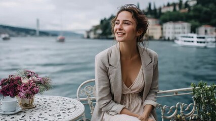 Smiling woman enjoys a serene moment by the water in Istanbul, overlooking beautiful scenery and flowers on a table