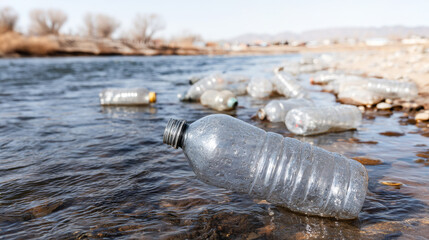 Scattered plastic bottles polluting a river, showing discarded trash accumulating in natural water bodies and causing environmental damage