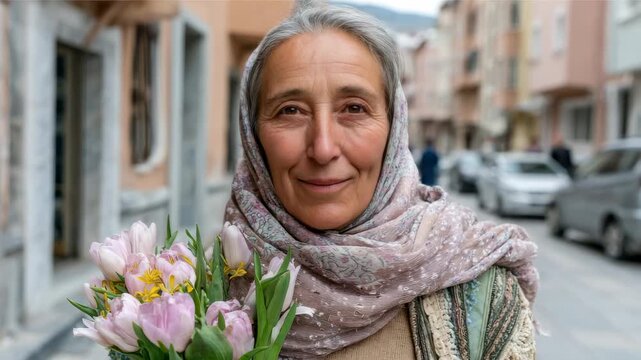 Elderly woman smiles while holding a bouquet of tulips in a charming street filled with pastel buildings and parked cars - Powered by Adobe