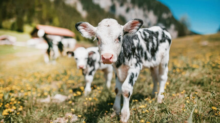 Fototapeta premium Young calf standing in a vibrant spring meadow with yellow flowers, other cattle nearby, mountains and a farm building in the background