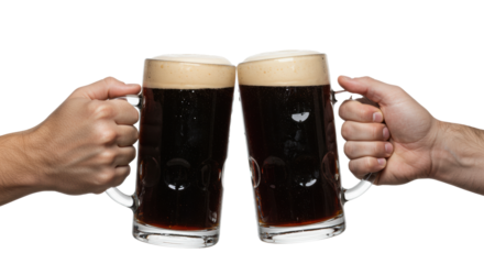 Adult male hands, one hairy, clinking large ribbed glass mugs with dark stout beer & creamy foam against a transparent background with copy space, concept for beverage advertising