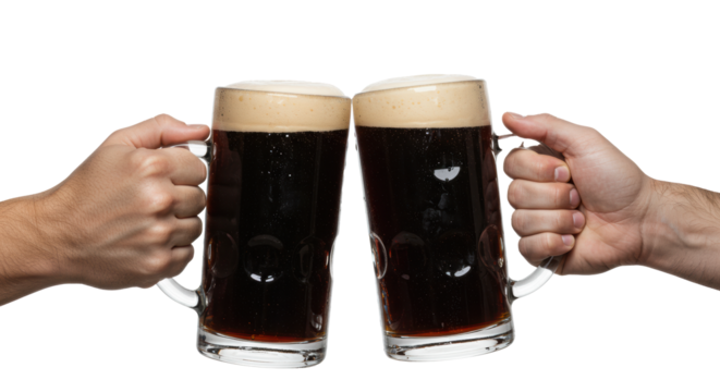 Adult male hands, one hairy, clinking large ribbed glass mugs with dark stout beer & creamy foam against a transparent background with copy space, concept for beverage advertising