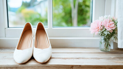 Bridal ballet flats and a bouquet of pink flowers arranged on a rustic window ledge, symbolizing a wedding morning