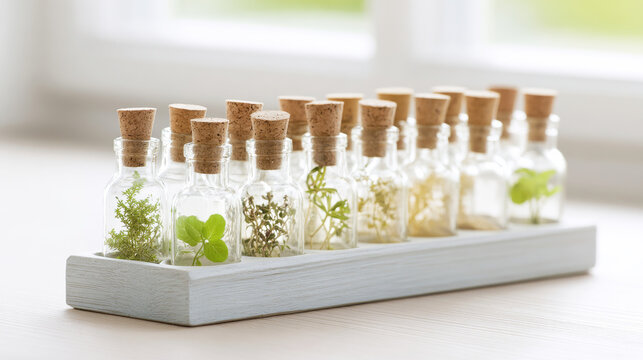 Displaying small sealed bottles containing various herbs and spices on a white wooden holder, focusing on natural wellness and organic ingredients