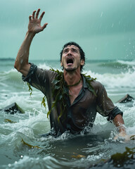 Man with dark hair and beard, wearing a wet shirt, screaming with an outstretched arm, surrounded by turbulent water and seaweed, conveying intense fear and desperation.