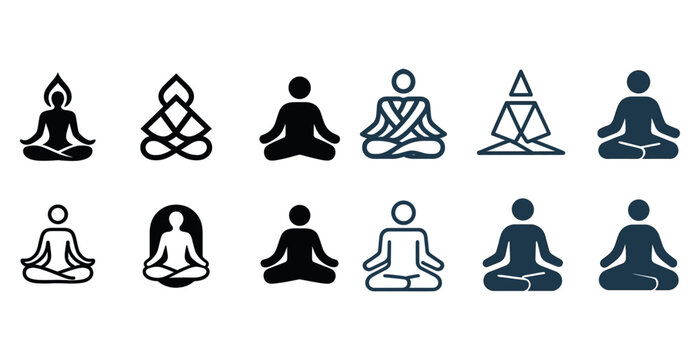 Set of meditation icon variations in different styles and poses