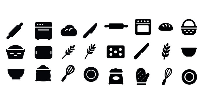 Collection of baking icons: tools and ingredients for culinary creations