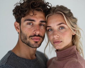 Man with beard and woman with blonde hair standing together, calm and serene facial expressions, gentle and intimate pose.