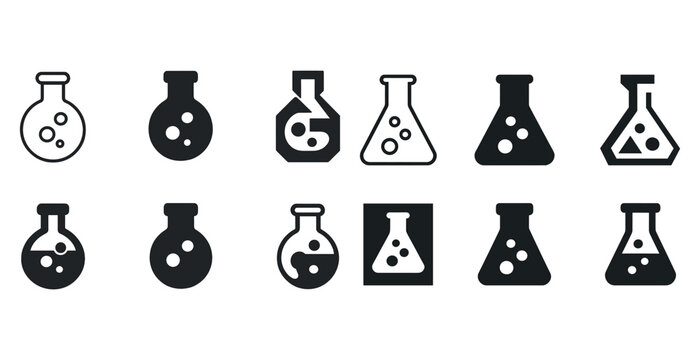 Set of twelve laboratory flask icons in black and white