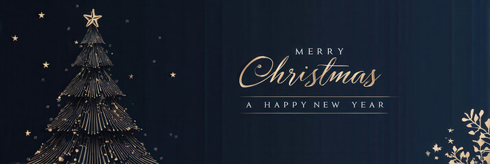 Festive holiday banner with a dark Christmas tree, golden star, and "Merry Christmas A Happy New Year" text.