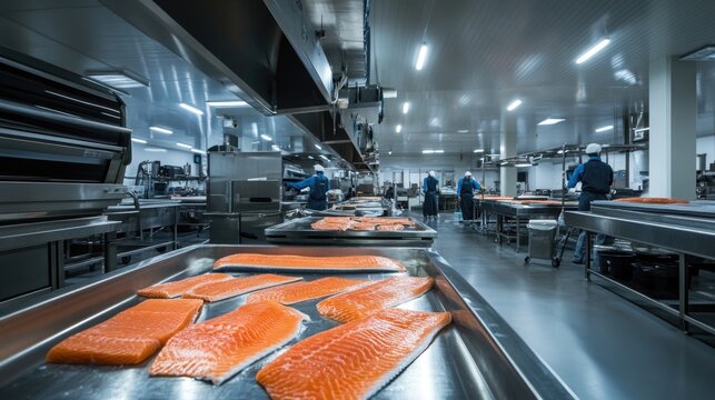 A modern fish processing facility with salmon fillets displayed on stainless steel tables