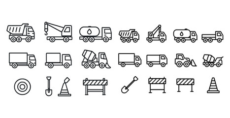Fototapeta premium Construction vehicles and tools icons: dump truck, crane, cement mixer, barrier, cone