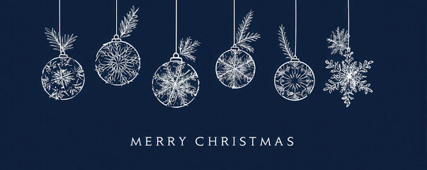 Elegant white line art Christmas ornaments and snowflakes hanging on a dark blue background with 'Merry Christmas' text, festive holiday greeting card design.