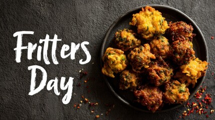 Celebrating fritters day with delicious assorted homemade fritters on rustic plate,National Fritters Day