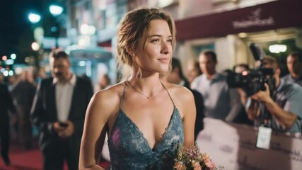 Excitement fills the air at a glamorous red carpet event with elegant guests and flashing lights in a lively city at night