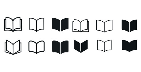 Set of black and white open book icons for design and education projects