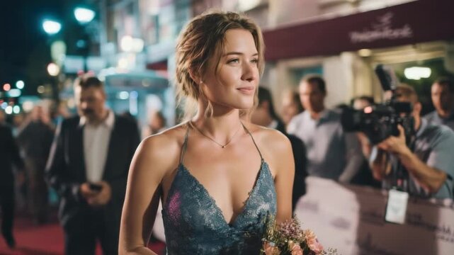 Excitement fills the air at a glamorous red carpet event with elegant guests and flashing lights in a lively city at night