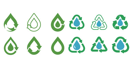 Obraz premium Water and recycling icons set: green and blue environmental symbols