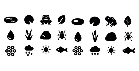 Fototapeta premium Pond icons collection featuring frogs, insects, plants, and weather symbols