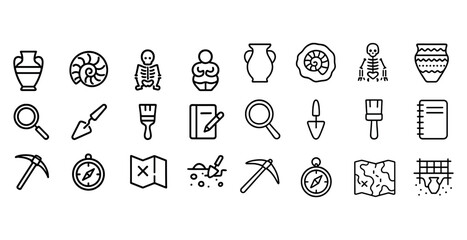 Naklejka premium Archaeology icons: tools, artifacts, and fossils in simple line art