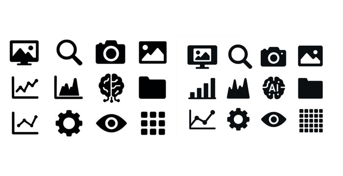Black and white technology icons for data analysis and ai visualization
