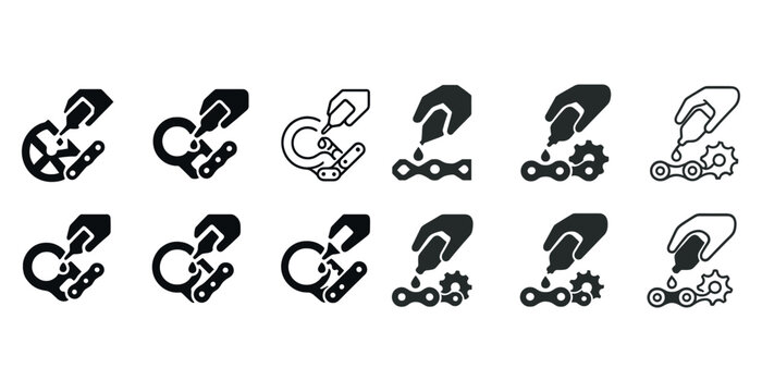 Collection of bicycle chain repair icons illustrating maintenance and gear adjustment techniques