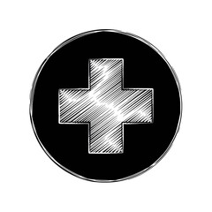 Fototapeta premium Minimalist black vector of a medical cross in a circle, symbolizing science, healthcare, research. Isolated on a transparent background